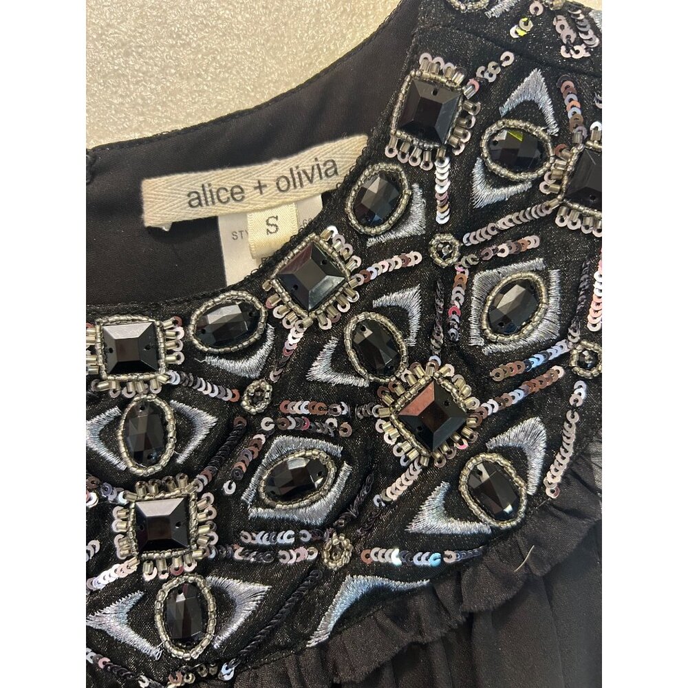 Alice + Olivia Black Embellished Silk Sleeveless Dress With Beaded Neckline Smal - Picture 4 of 5